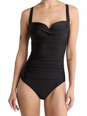 Betsey Johnson Women One Piece Bandeau Swimsuit Navy‎ Blue Ruching Bandeau New